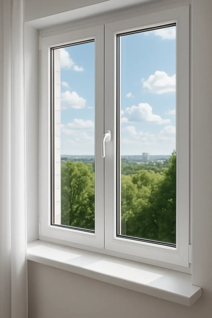 Finestra in PVC bianca a due ante con vetro isolante.