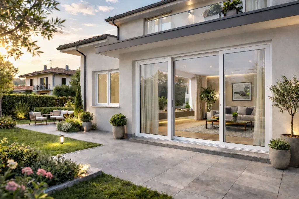 Serramenti in PVC su misura in casa moderna in Lombardia con porta finestra scorrevole
