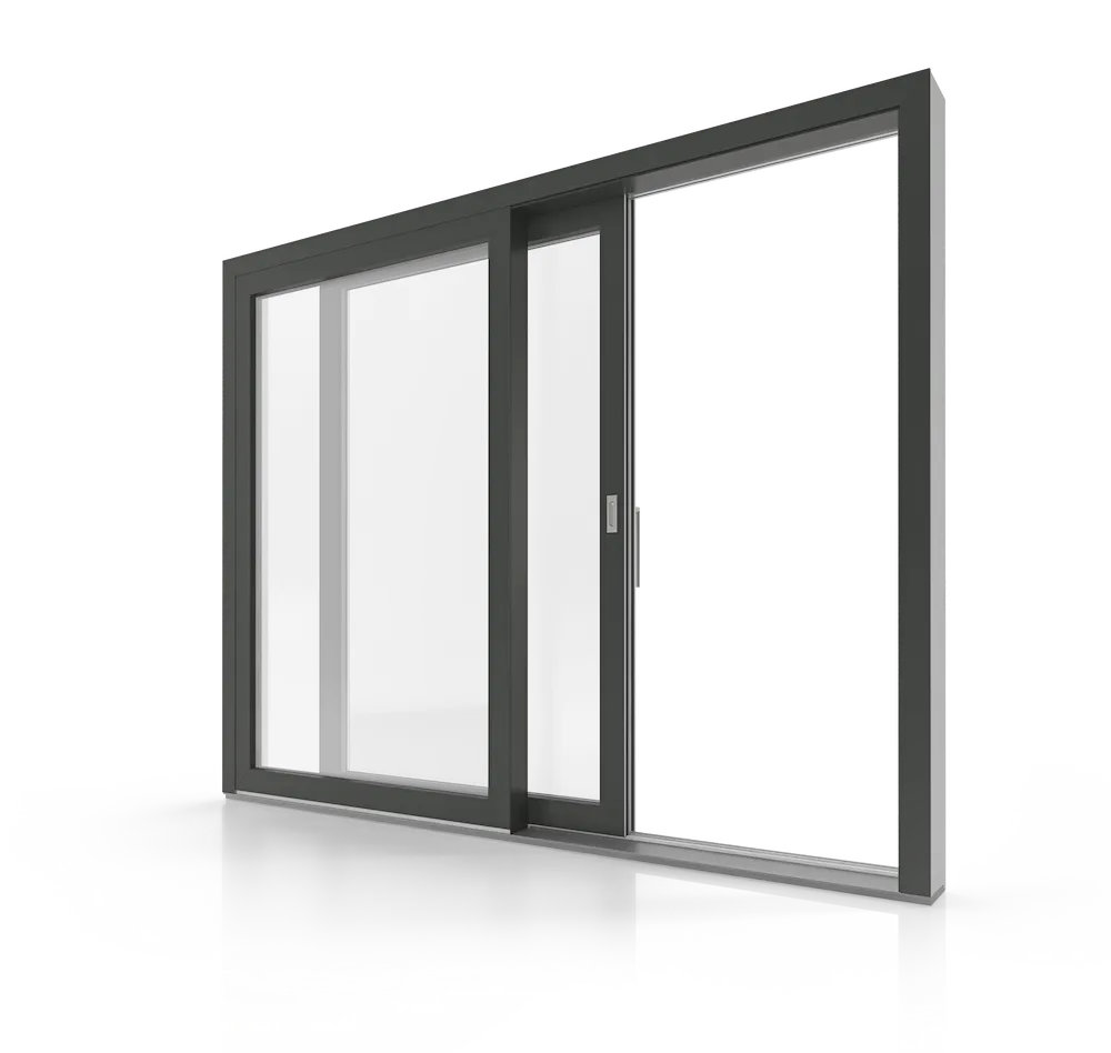 Porta scorrevole in PVC con profilo antracite per grandi aperture.