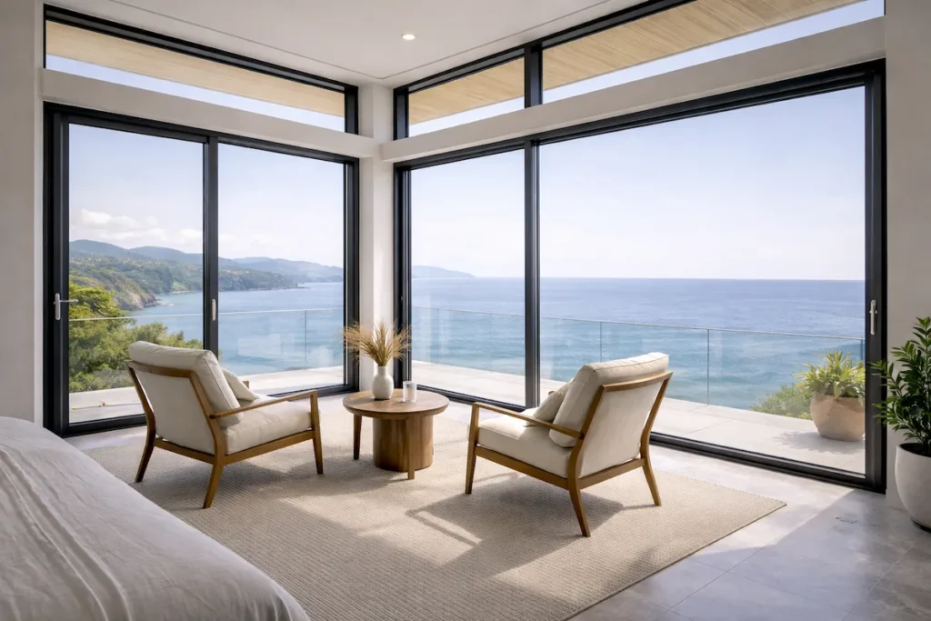 Vetrate panoramiche in alluminio con vista esterna