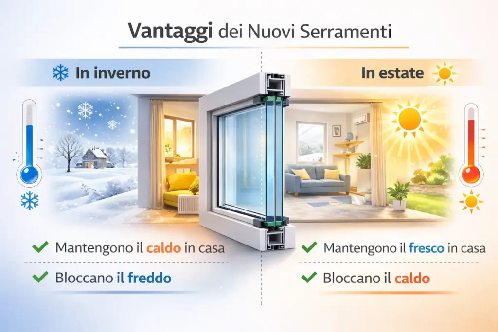 Infografica risparmio energetico con nuovi serramenti in inverno ed estate