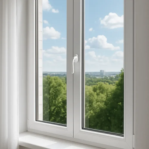 Finestra in PVC bianca a due ante con vetro isolante.